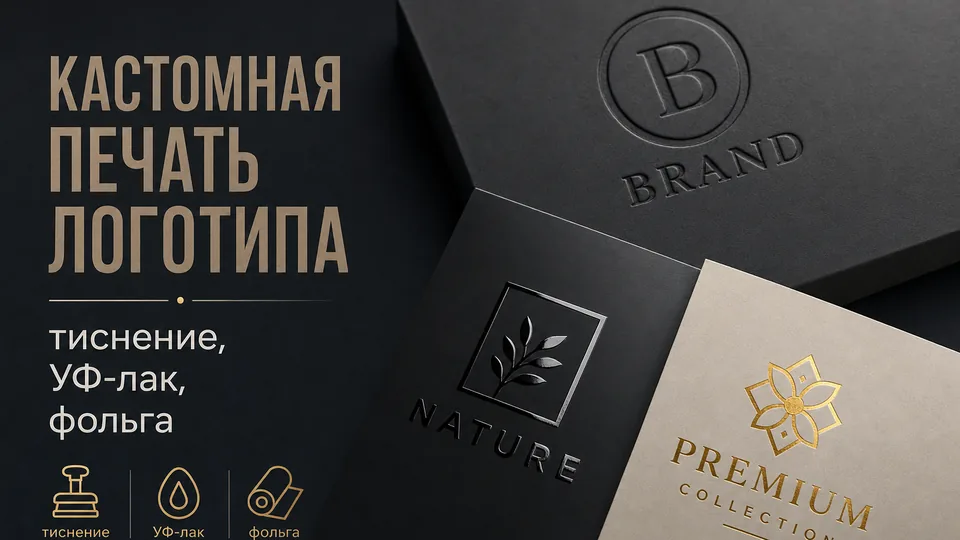 Кастомная печать логотипа: тиснение, УФ-лак, фольга