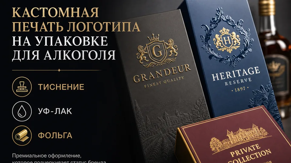 Кастомная печать логотипа на упаковке для алкоголя: тиснение, УФ-лак, фольга