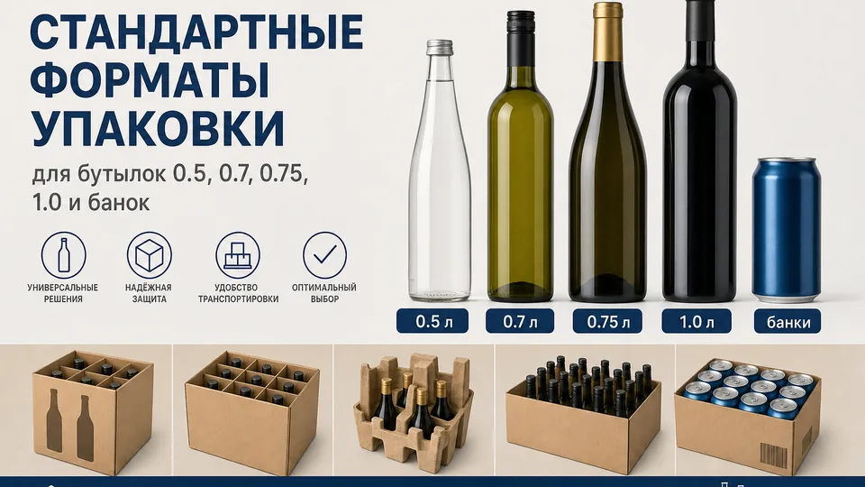 Стандартные форматы упаковки для бутылок 0.5, 0.7, 0.75, 1.0 и банок
